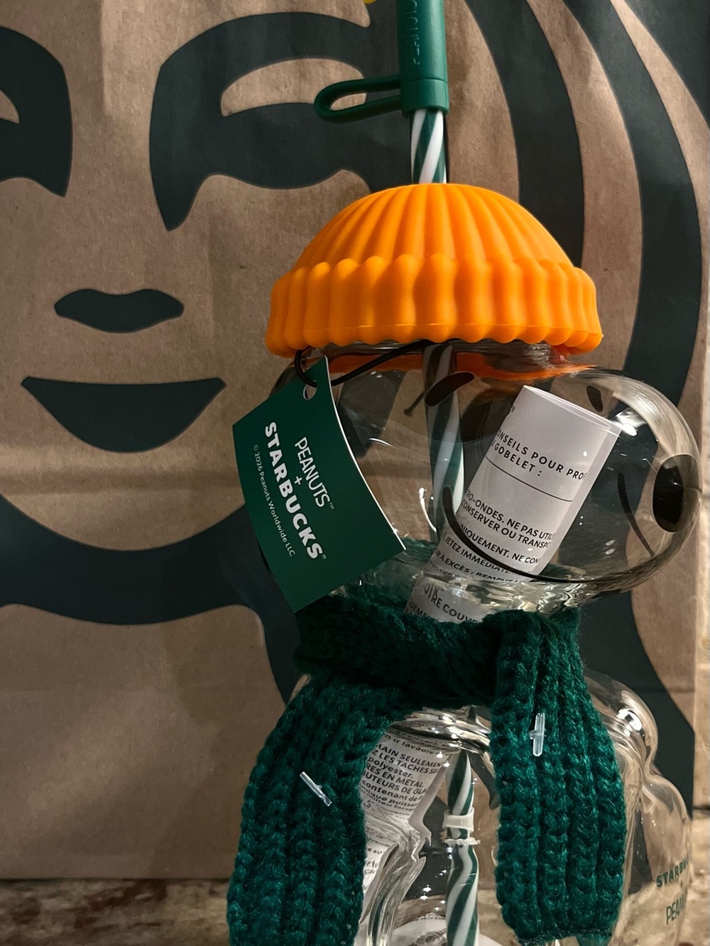 Starbucks Glass Snoopy Tumbler with hat, scarf and Woodstock straw